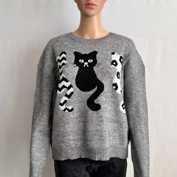 Cat Pattern Drop Shoulder Sweater - Picture 2 of 8